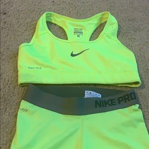 Neon Xs Nike Pro shorts and Dri-Fit sport bra